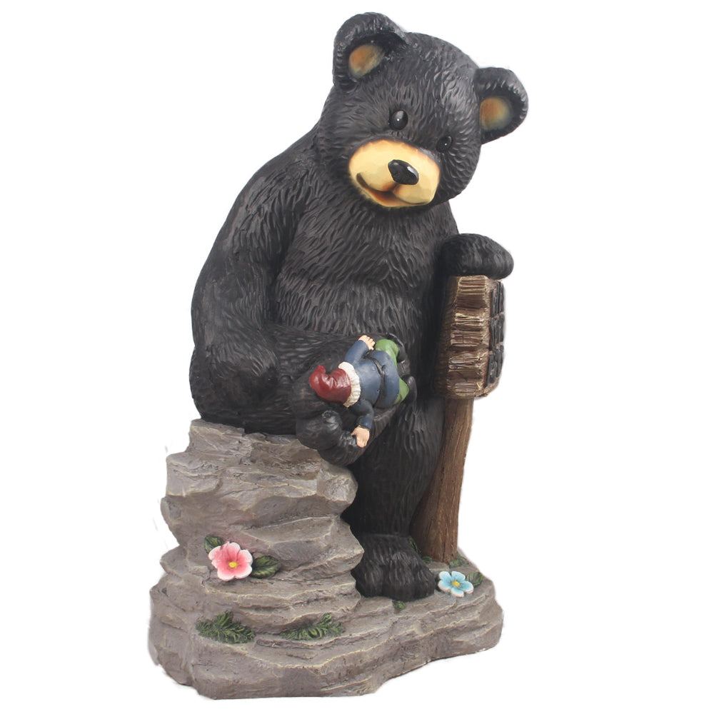BEAR HOLDING SIGN AND GNOME