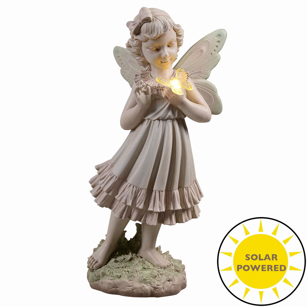 77184-A - Girl Holding Butterfly Lighted Garden Statue Solar Powered LEDs