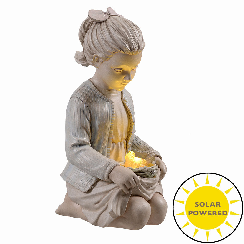 77184-C - Sitting Girl W/ Bird Nest Lighted Garden Statue Solar Powered LEDs