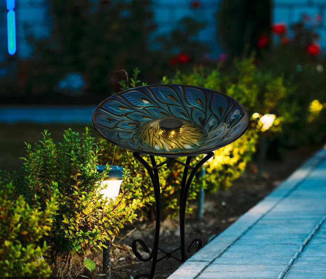 78415-E - SOLAR GLASS PEACOCK FEATHERS BIRD BATH W/STAND