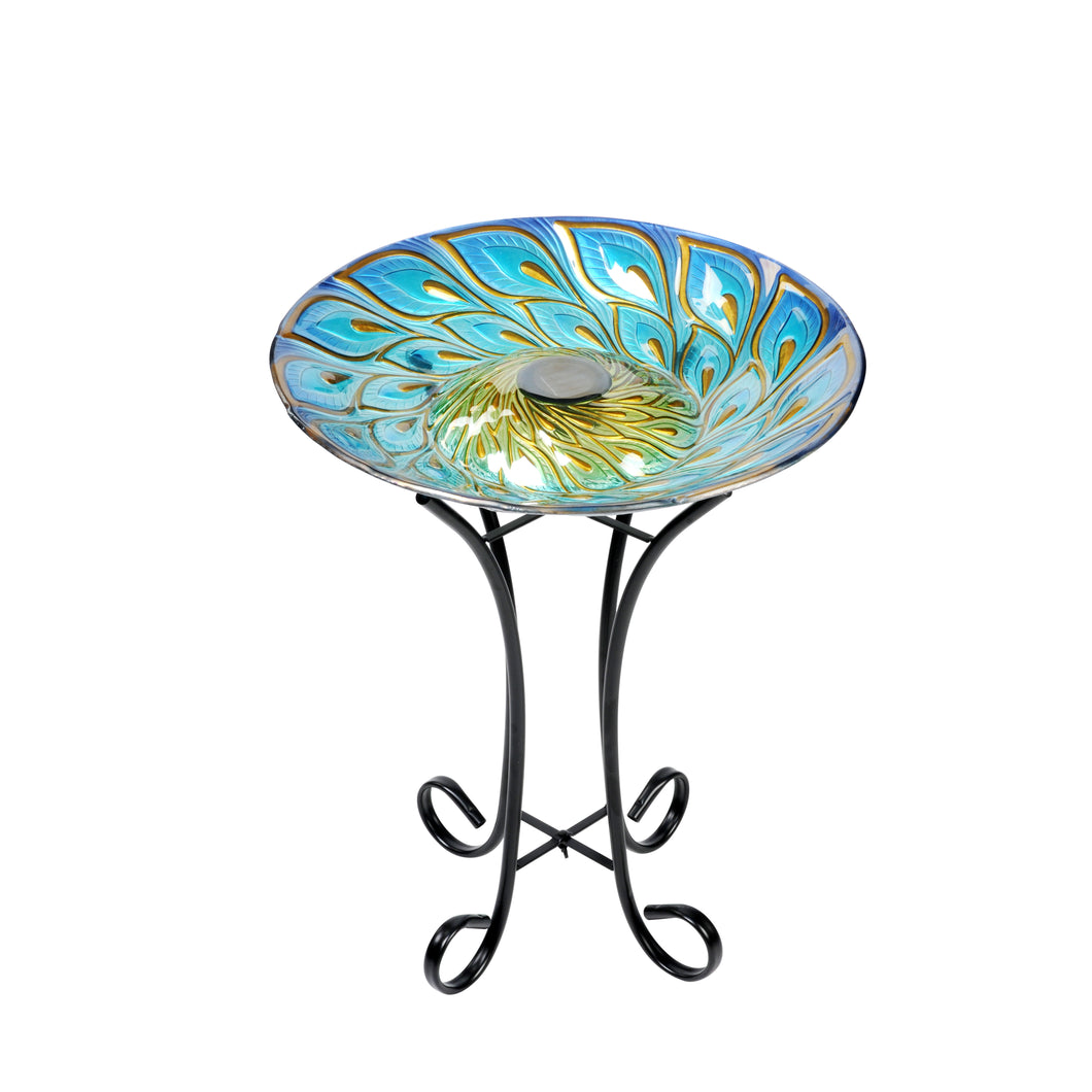 SOLAR GLASS PEACOCK FEATHERS BIRD BATH W/STAND
