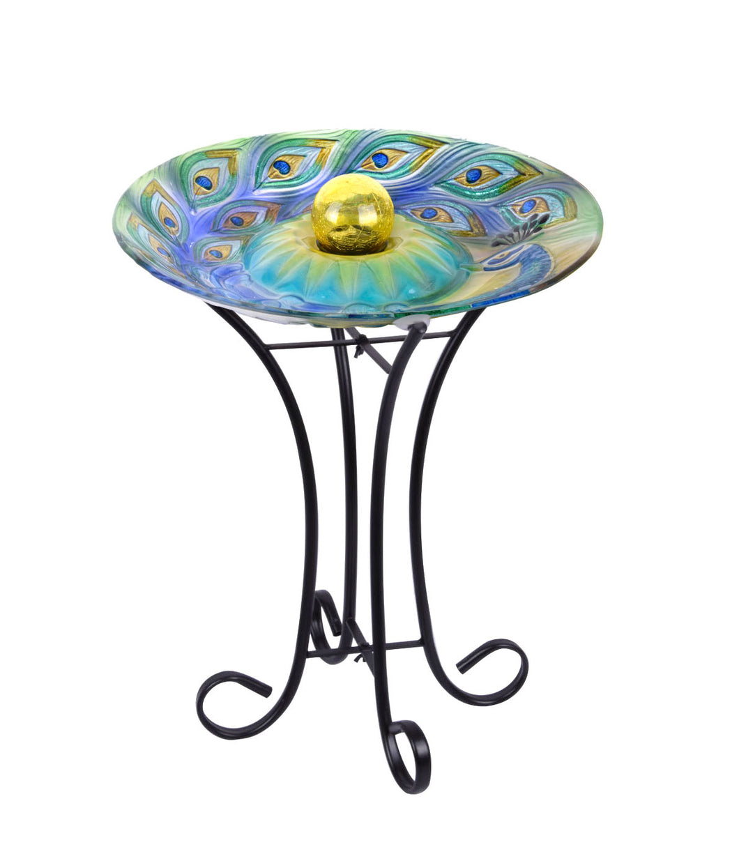 SOLAR ORB PEACOCK GLASS BIRD BATH W/STAND