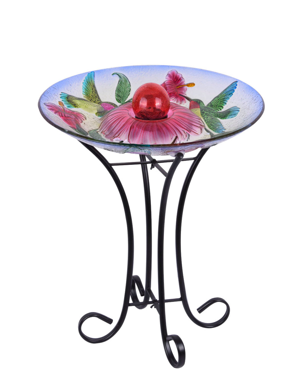 SOLAR ORB FLORAL GLASS HUMMINGBIRD BIRD BATH W/STAND