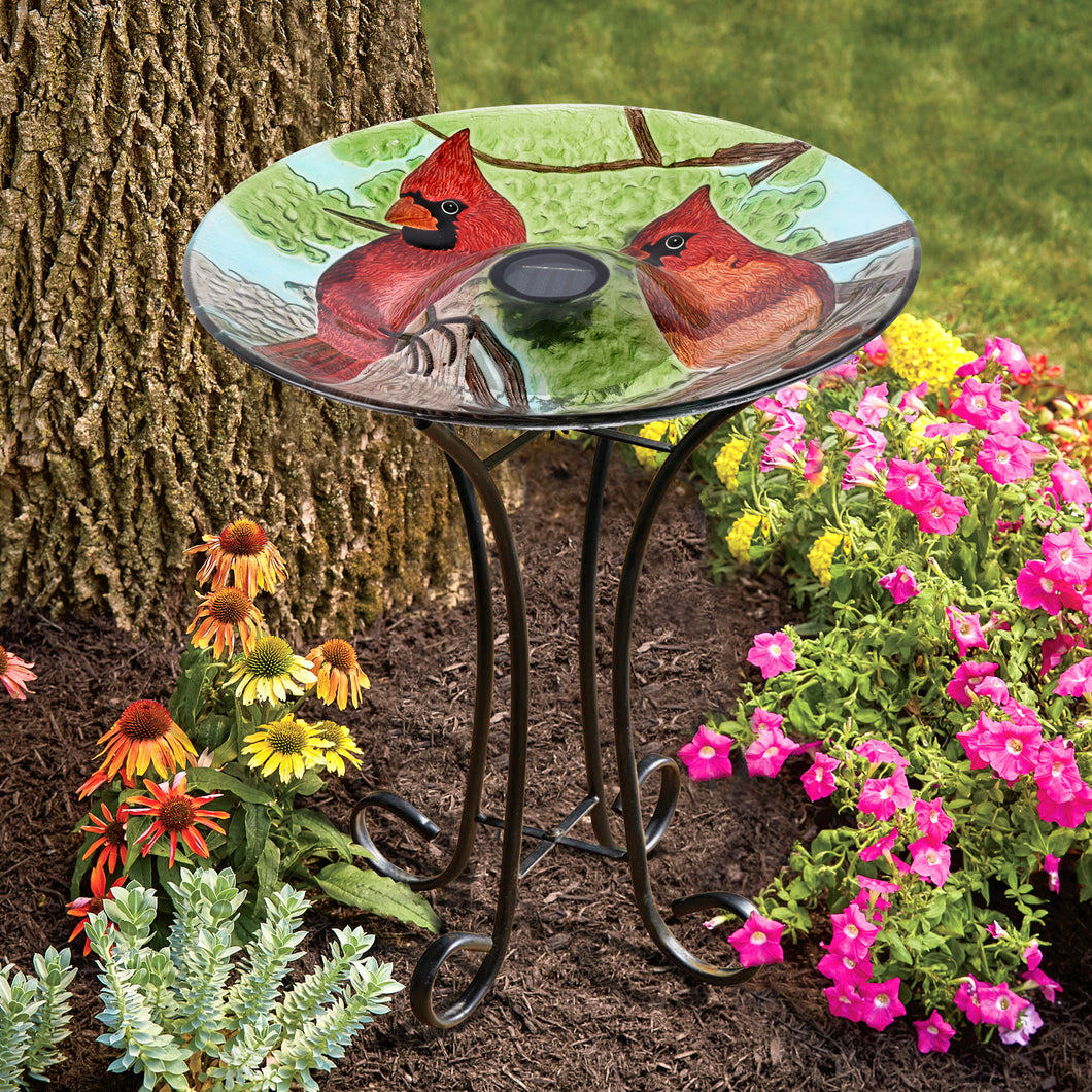 78415-I - SOLAR LED FLORAL GLASS BIRD BATH WITH STAND - CARDINAL