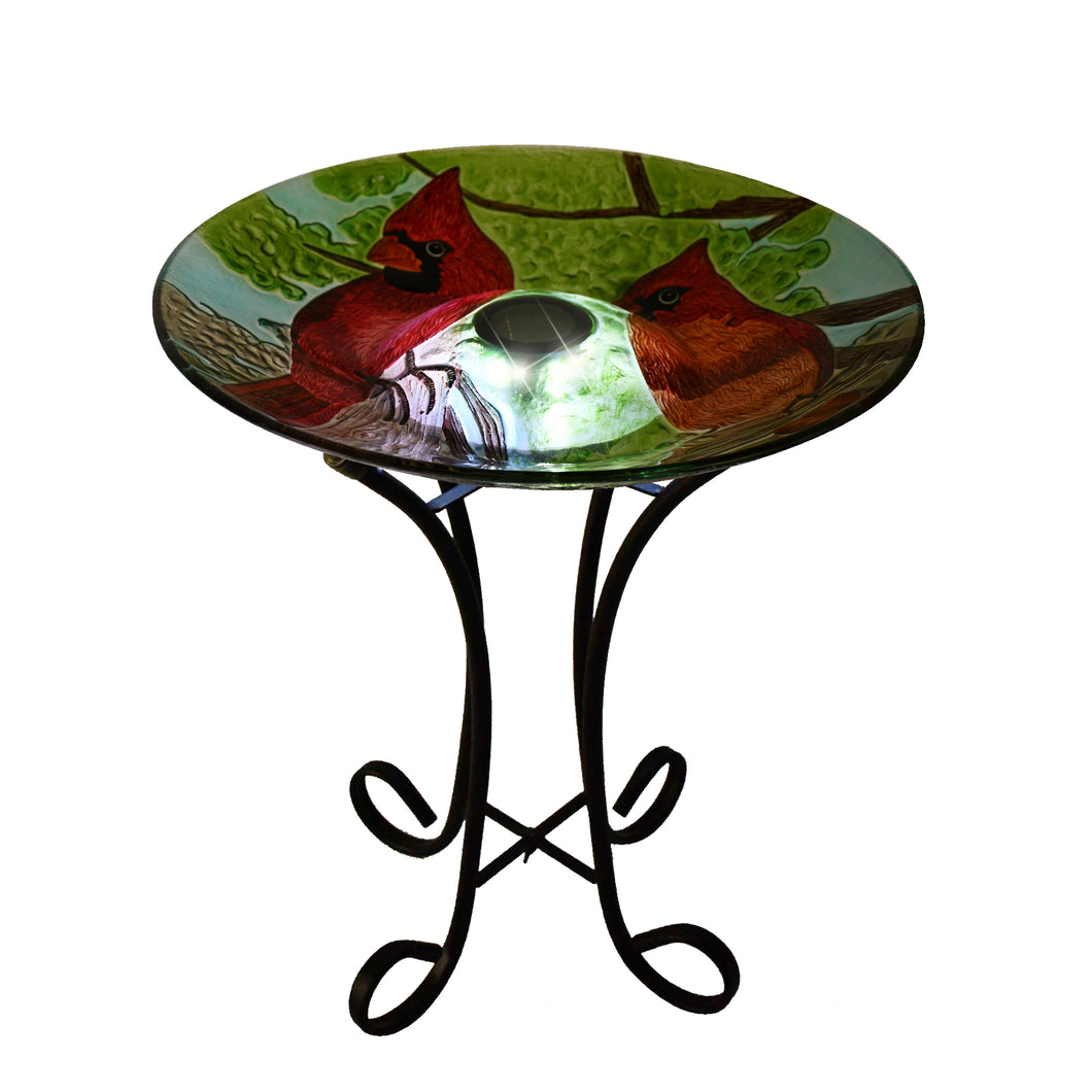 SOLAR LED FLORAL GLASS BIRD BATH WITH STAND - CARDINAL