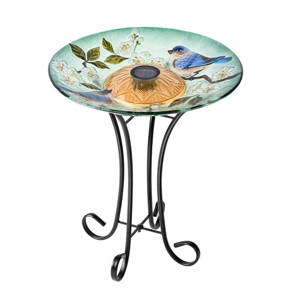 SOLAR LED FLORAL GLASS BIRD BATH WITH STAND - BLUE BIRD & PEACH BLOSSOM