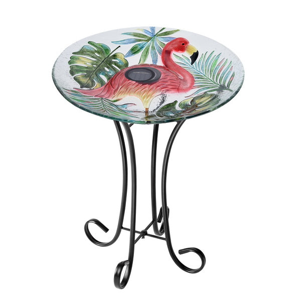 SOLAR LED VERDANT GLASS BIRD BATH WITH STAND - FLAMINGO