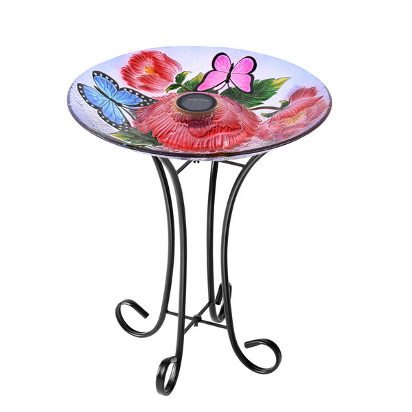 SOLAR LED FLORAL GLASS BIRD BATH WITH STAND - BUTTERFLIES & PEONIES