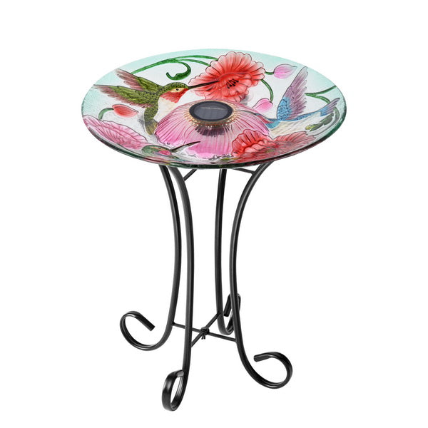 SOLAR LED FLORAL GLASS BIRD BATH WITH STAND - HUMMINGBIRD & POPPIES