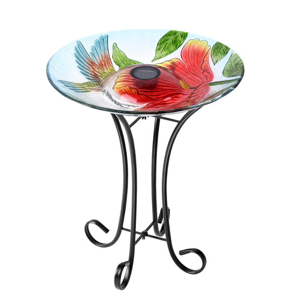 SOLAR LED FLORAL GLASS BIRD BATH WITH STAND - HUMMINGBIRD & LARGE POPPY