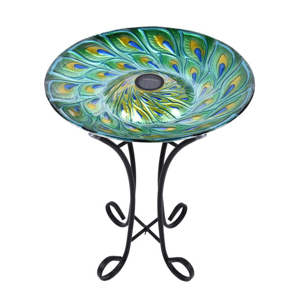 SOLAR GLASS TURQUOISE PEACOCK FEATHERS BIRD BATH WITH STAND