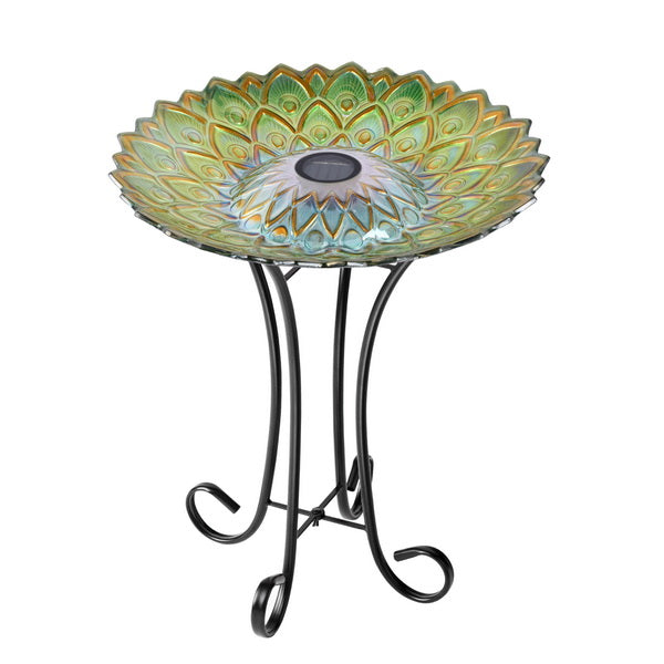 SOLAR PEACOCK GREEN GEOMETRIC GLASS BIRD BATH WITH STAND