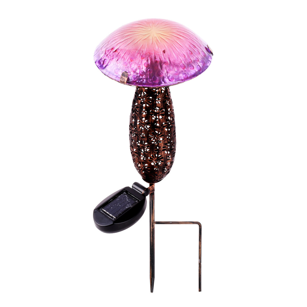 METAL AND GLASS SOLAR MUSHROOM STAKE W/ LED - PINK AND PURPLE