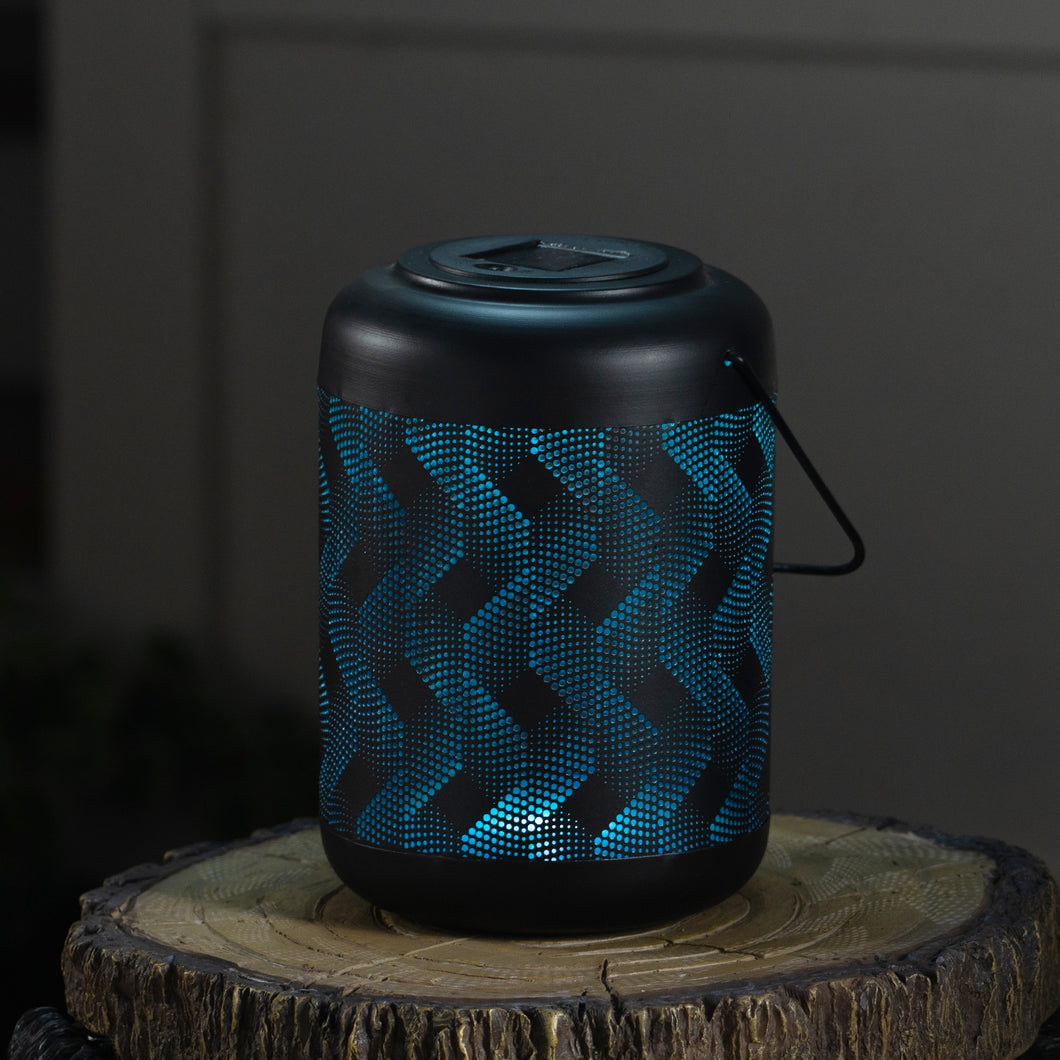 78419-C - SOLAR METAL LANTERN-9 INCH BLACK AND BLUE WAVE W/ WW LED