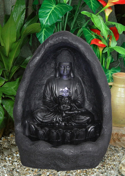 FOUNTAIN-BUDDHA SITTING IN GROTTO W/LED
