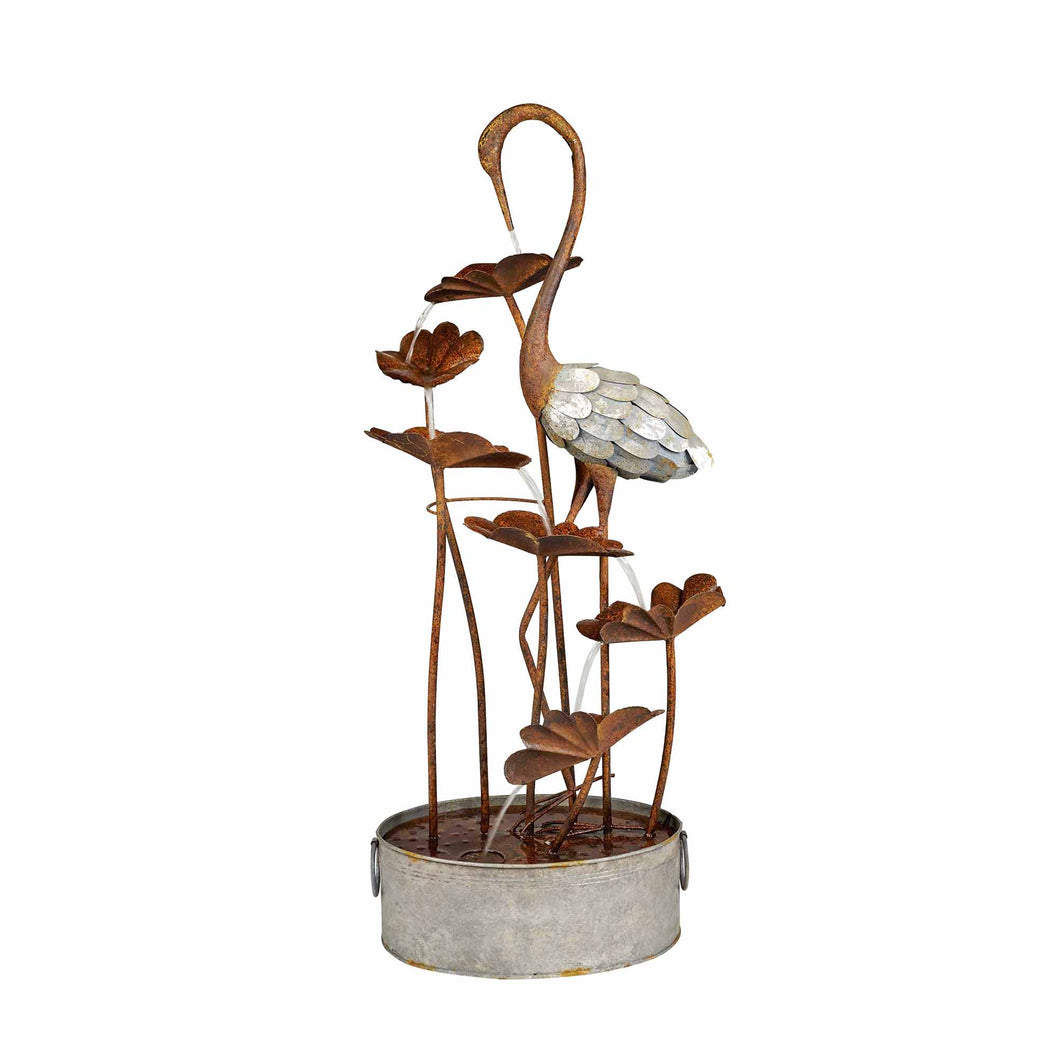 FOUNTAIN-CRANE W/LEAVES IN PAIL-METAL