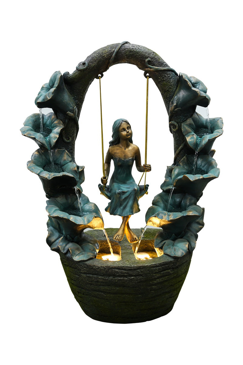 FOUNTAIN-GIRL ON A SWING W/ 2 WW LEDs