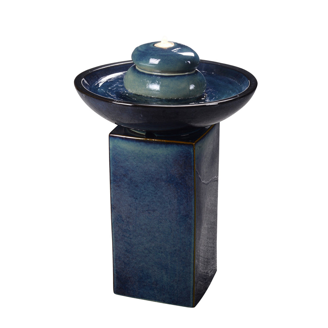 79586-02-BB -  Blue Ceramic Fountain with Submersible Pump and Warm White LED Lights HI-LINE GIFT