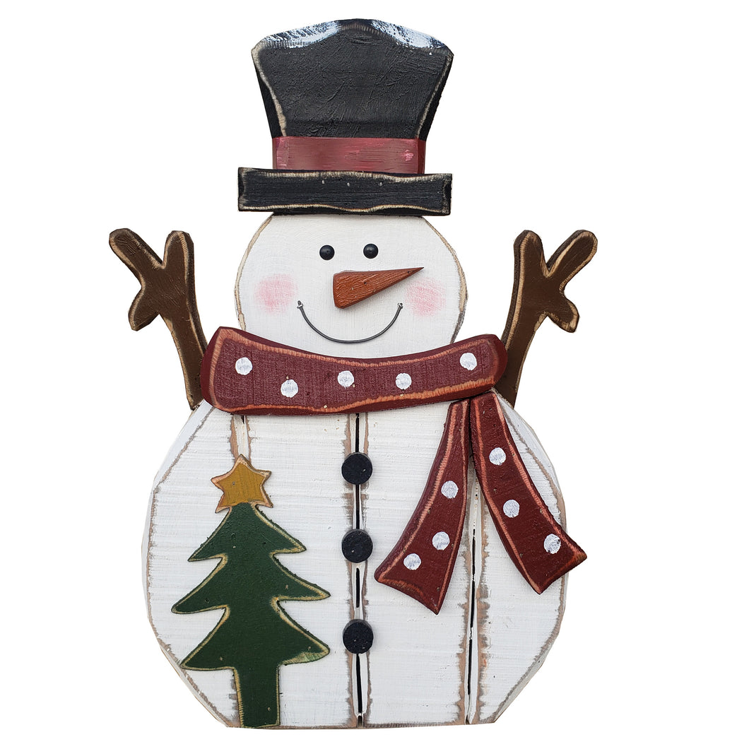 85255-H - 21.5in Wooden Snowman with Tree Christmas Decor Indoor Outdoor Use