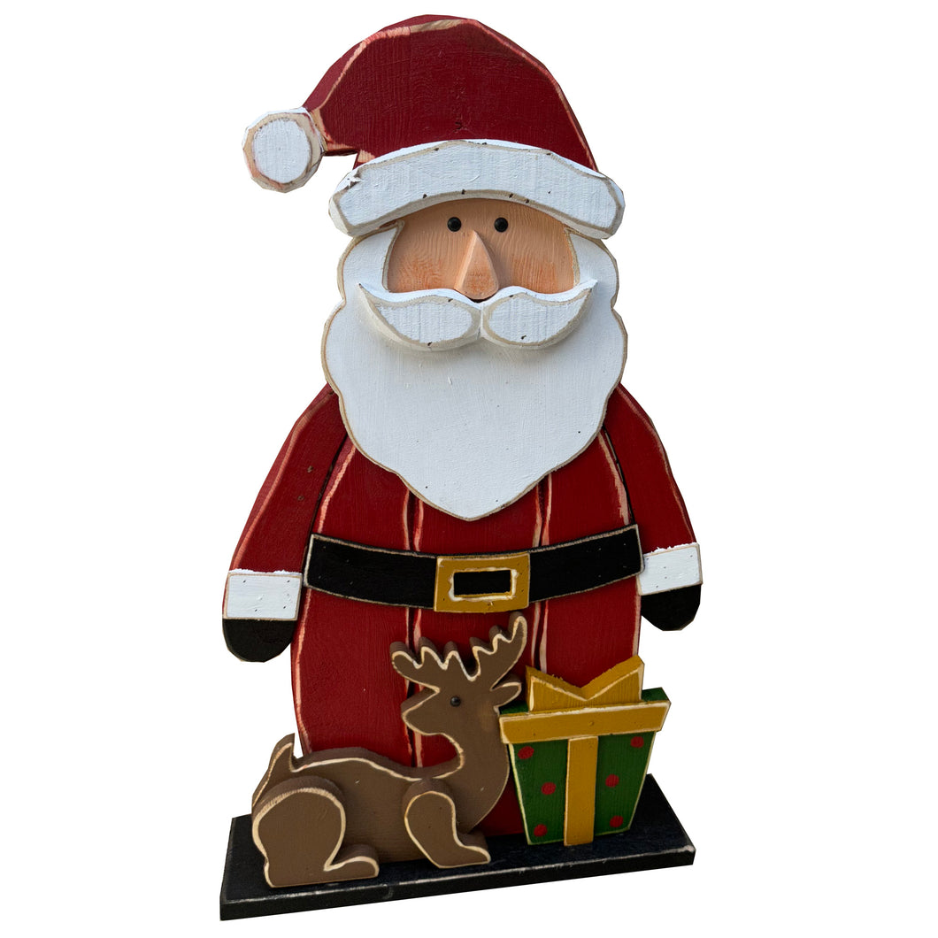 85255-L - 30in Wooden Santa with Reindeer Christmas Decor Indoor Outdoor Use