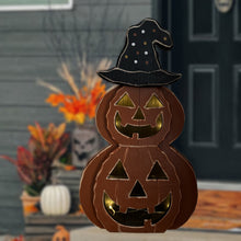 Load image into Gallery viewer, 85259-D - 25in Wooden Lighted Jack O Lantern with Hat and Timer Battery Operated Halloween Decor
