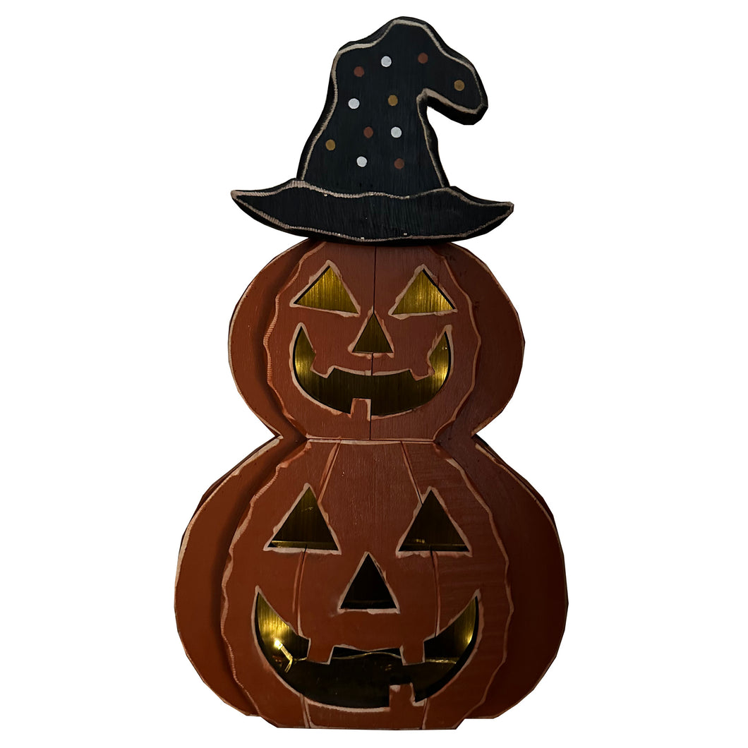 85259-D - 25in Wooden Lighted Jack O Lantern with Hat and Timer Battery Operated Halloween Decor