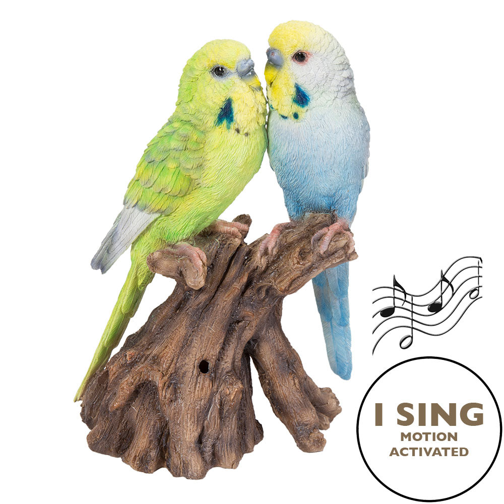 MOTION ACTIVATED SINGING COUPLE BUDGERIGAR ON STUMP