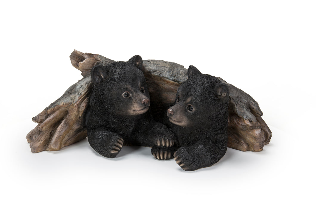 87957-E - BLACK BEAR CUBS HIDING UNDER LOG STATUE (HI-LINE EXCLUSIVE)