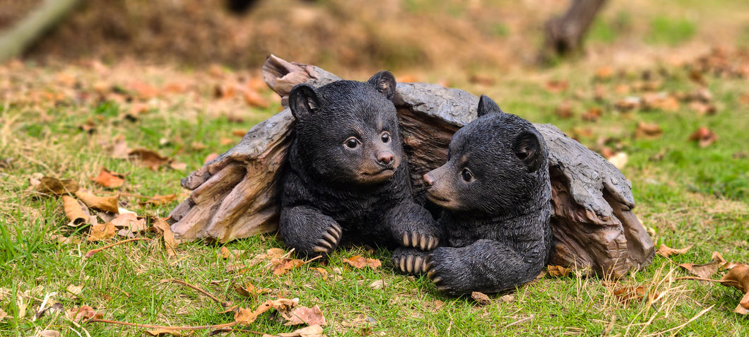 87957-E - BLACK BEAR CUBS HIDING UNDER LOG STATUE (HI-LINE EXCLUSIVE)