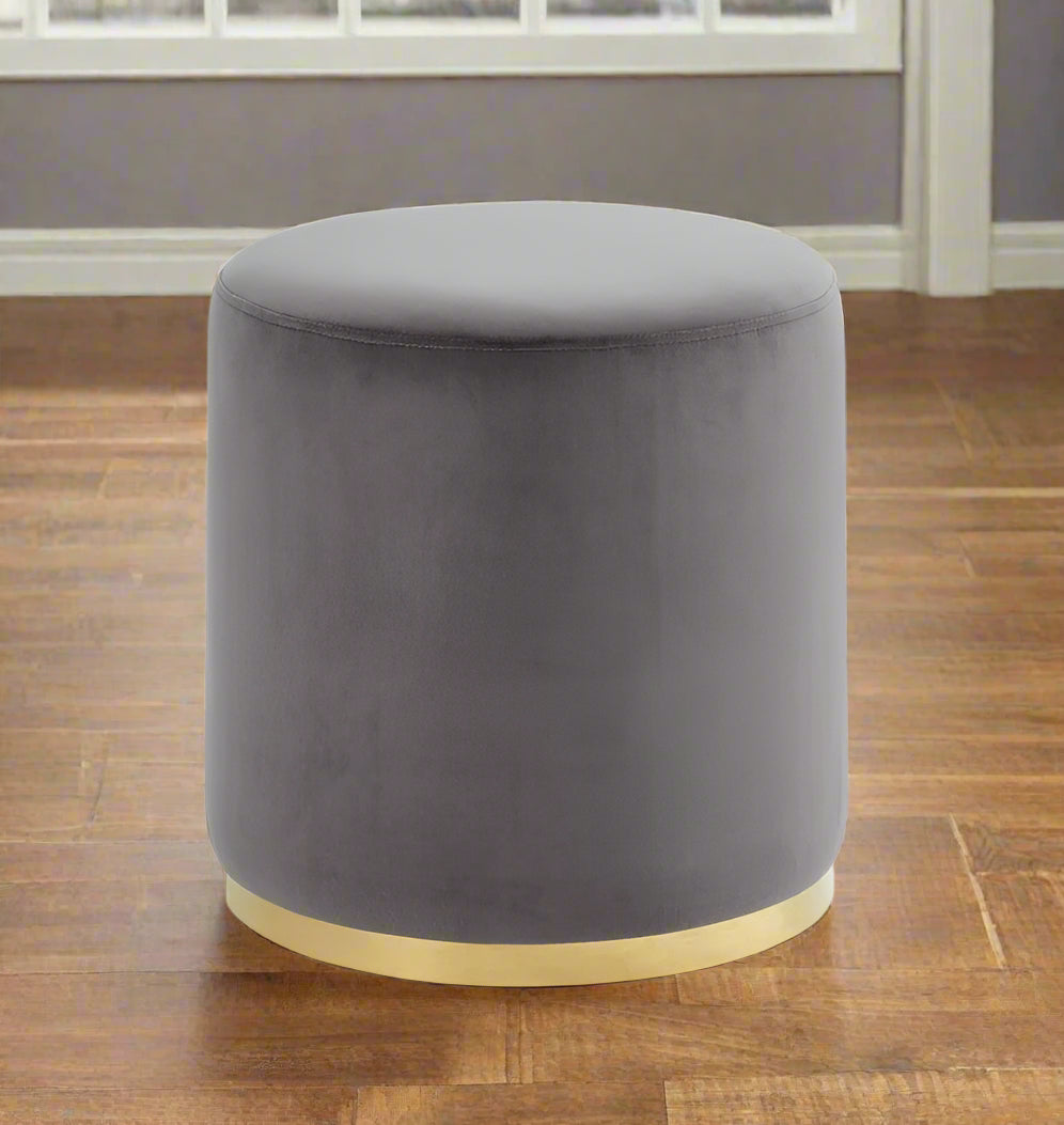 96145-GY - OTTOMAN-ROUND GREY VELVET W/GOLD BAND