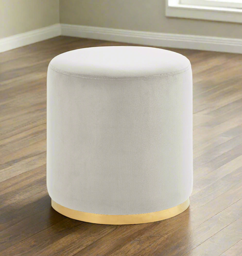 96145-WT - OTTOMAN-ROUND WHITE VELVET W/GOLD BAND