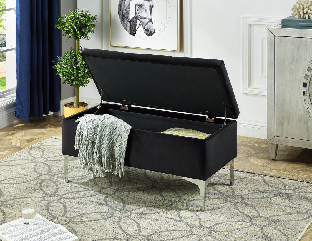 96151-BK - STORAGE BENCH-BUTTON-TUFTED BLACK VELVET W/ METAL LEGS