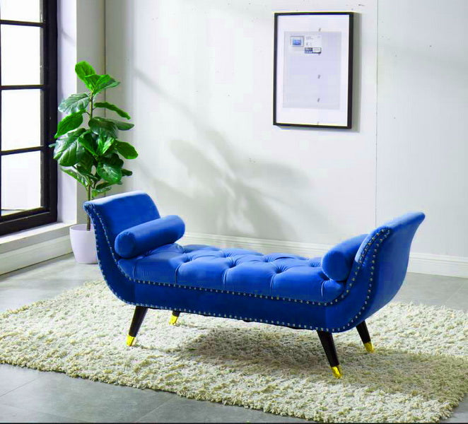 96156-NB - BENCH-BUTTON-TUFTED NAVY BLUE VELVET W/METAL LEGS