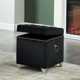 96158-BK - STORAGE OTTOMAN-SQUARE BLACK VELVET W/METAL LEGS, TRIM
