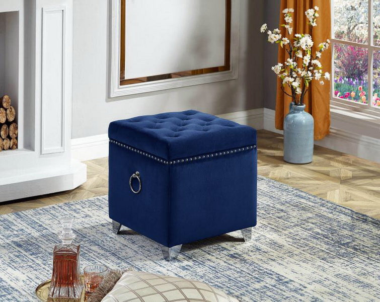 96158-NB - STORAGE OTTOMAN-SQUARE NAVY BLUE VELVET W/METAL LEGS, TRIM