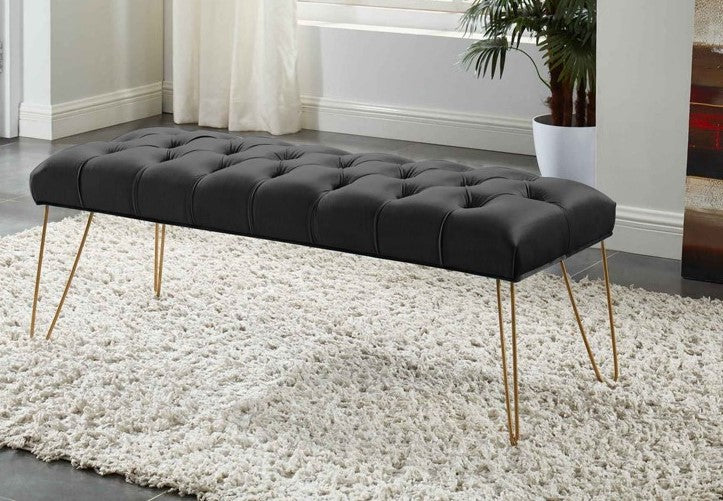 96159-BK - BENCH-BUTTON-TUFTED BLACK VELVET W/GOLD LEGS