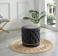 Load image into Gallery viewer, 96162-BK - OTTOMAN-BLACK &amp; GOLD VELVET BUTTON-TUFTED ROUND OTTOMAN W/ SWIVEL BASE
