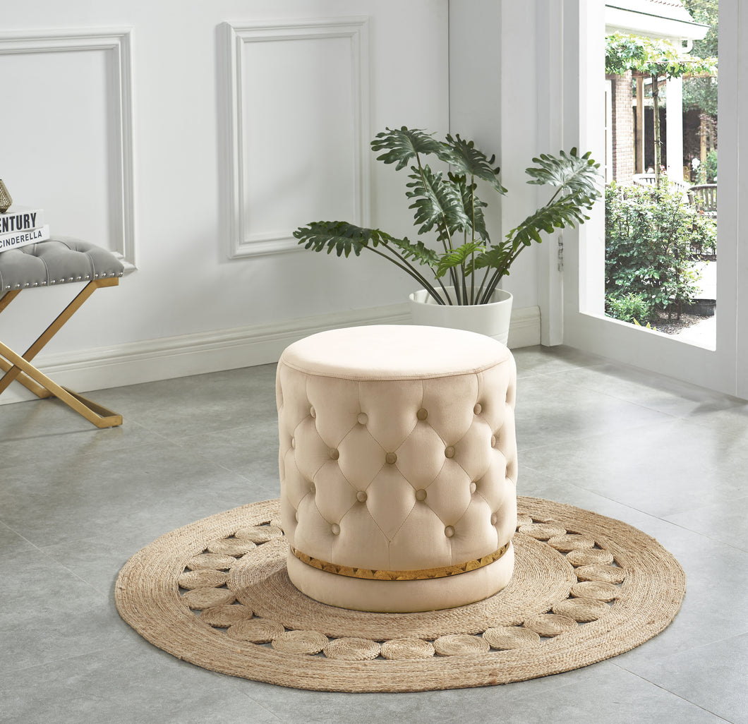 96162-CM - OTTOMAN-CREAM VELVET BUTTON-TUFTED ROUND OTTOMAN W/ SWIVEL BASE