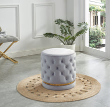 Load image into Gallery viewer, 96162-GY - OTTOMAN-GRAY VELVET BUTTON-TUFTED ROUND OTTOMAN W/ SWIVEL BASE
