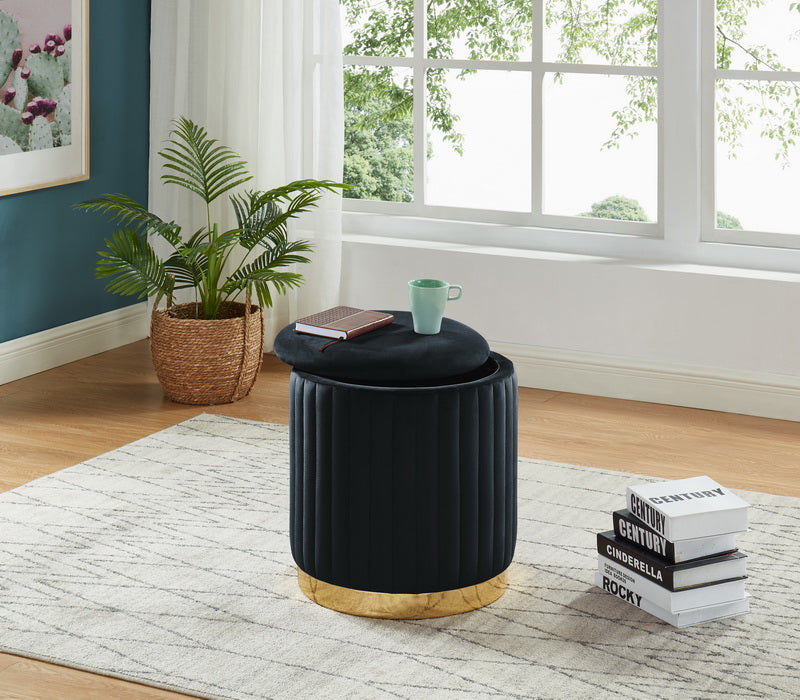 96163-BK - STORAGE OTTOMAN-BLACK VELVET CHANNEL-TUFTED ROUND STORAGE OTTOMAN W/ GOLD BASE