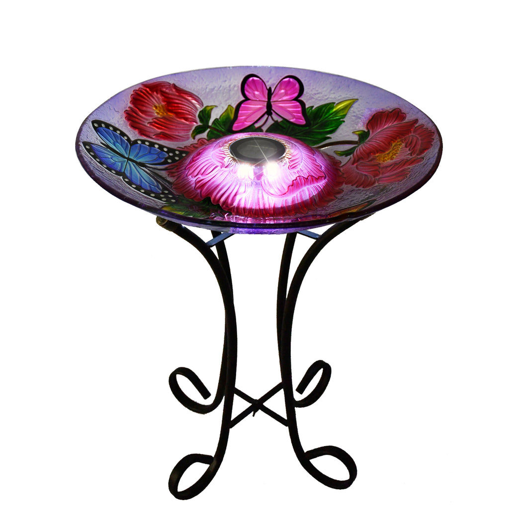 SOLAR LED FLORAL GLASS BIRD BATH WITH STAND - BUTTERFLIES & PEONIES