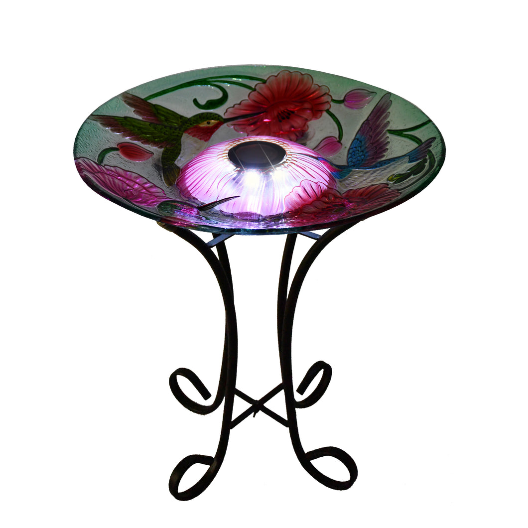 SOLAR LED FLORAL GLASS BIRD BATH WITH STAND - HUMMINGBIRD & POPPIES