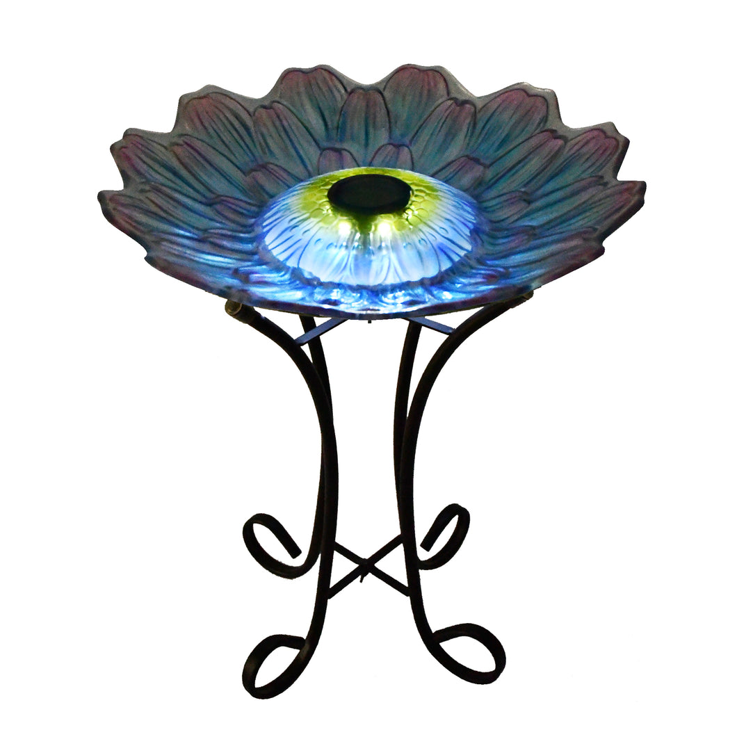 SOLAR LED FLORAL GLASS BIRD BATH WITH STAND - PURPLE & PURPLE DAHLIA