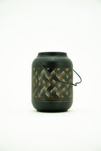 Load image into Gallery viewer, SOLAR METAL LANTERN-6 INCH BLACK AND YELLOW WAVE W/ WW LED
