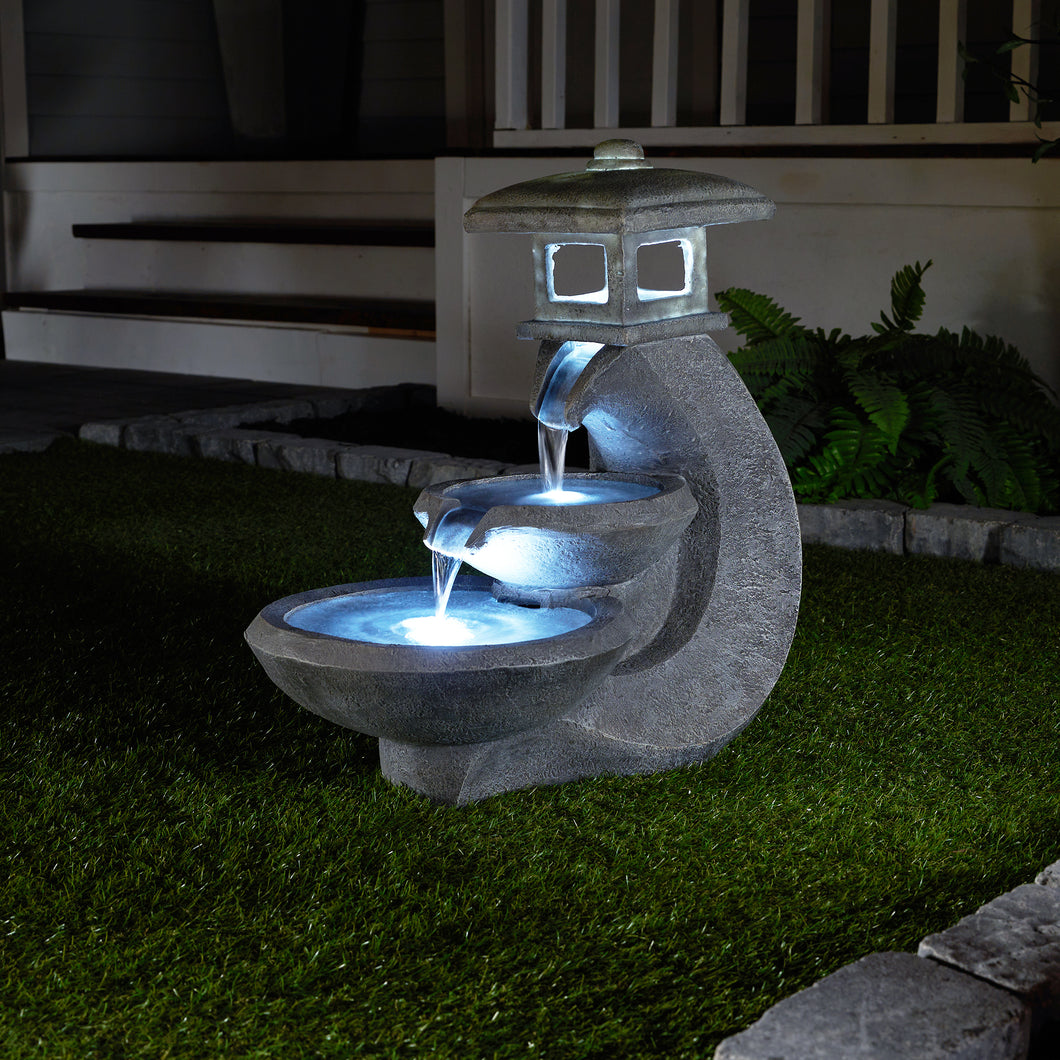 PAGODA TIERED OUTDOOR FOUNTAIN W/3 WHITE LEDS