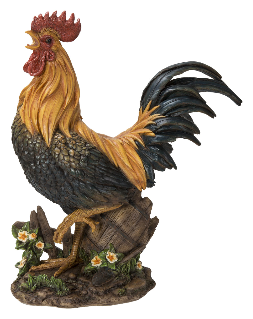 LARGE ROOSTER ON A WOOD BARREL