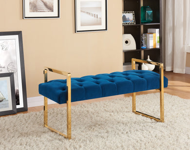 BENCH-BUTTON-TUFTED NAVY VELVET W/GOLD LEGS