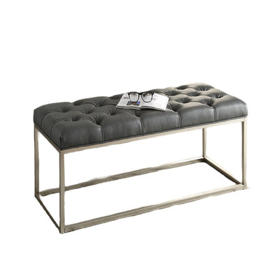 BENCH-BUTTON-TUFTED GREY BONDED LEATHER W/SILVER BASE