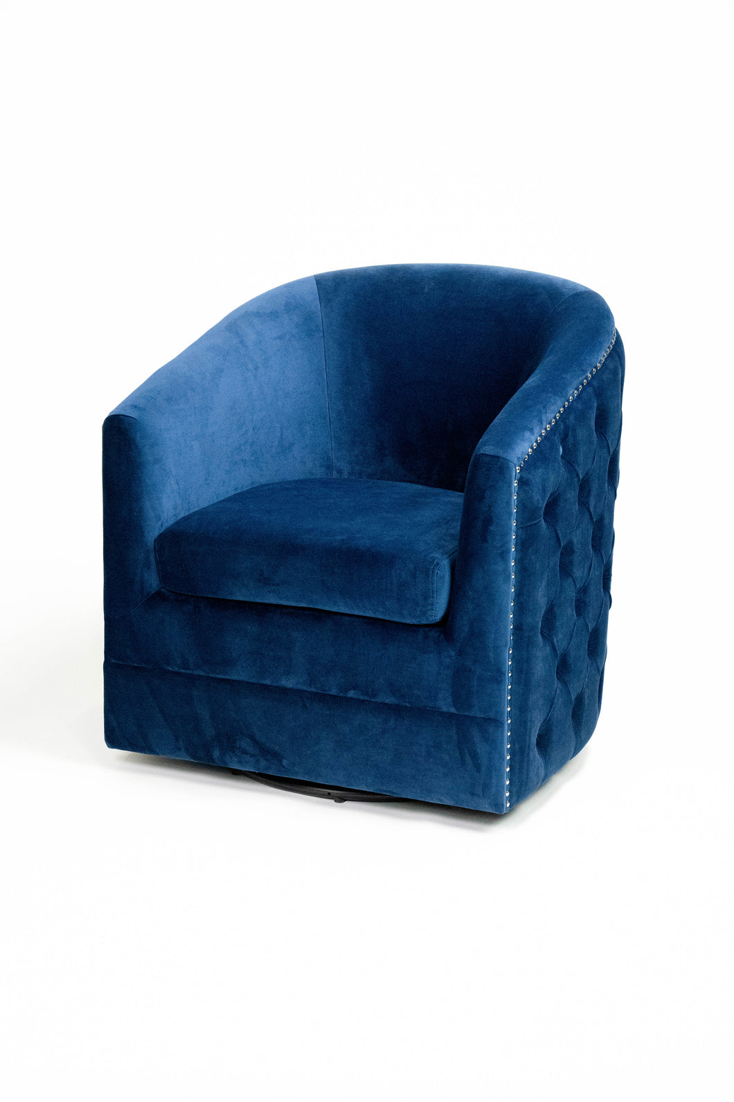 CHAIR-SWIVEL BUTTON-TUFTED CHAIR-NAVY BLUE VELVET W/TRIM