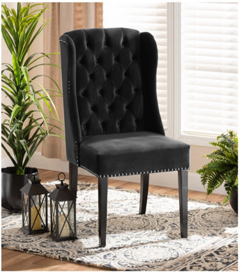 CHAIR-BLACK VELVET BUTTON-TUFTED WINGBACK DINING CHAIR
